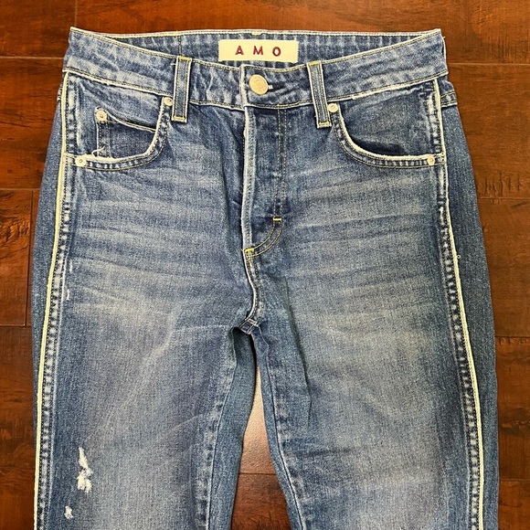 AMO Denim Revolve Babe Old School Jeans Piping Side Panel Cropped Frayed Size 26 - Picture 3 of 9